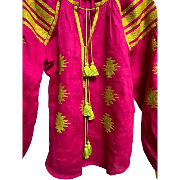Harna‎ Blouse Womens XS-S Pink Yellow Embroidered Linen Ukraine Boho Tassel Top - Picture 10 of 13